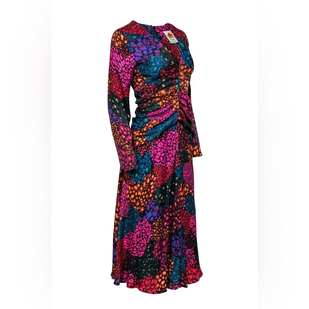 Farm Rio - Blue Multi Color Leopard Print Ruched Midi Dress - Picture 2 of 5